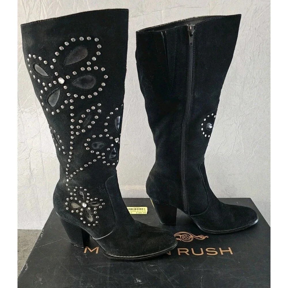 Colin Stuart Studded Black Suede Knee High Boots, women's size 8M